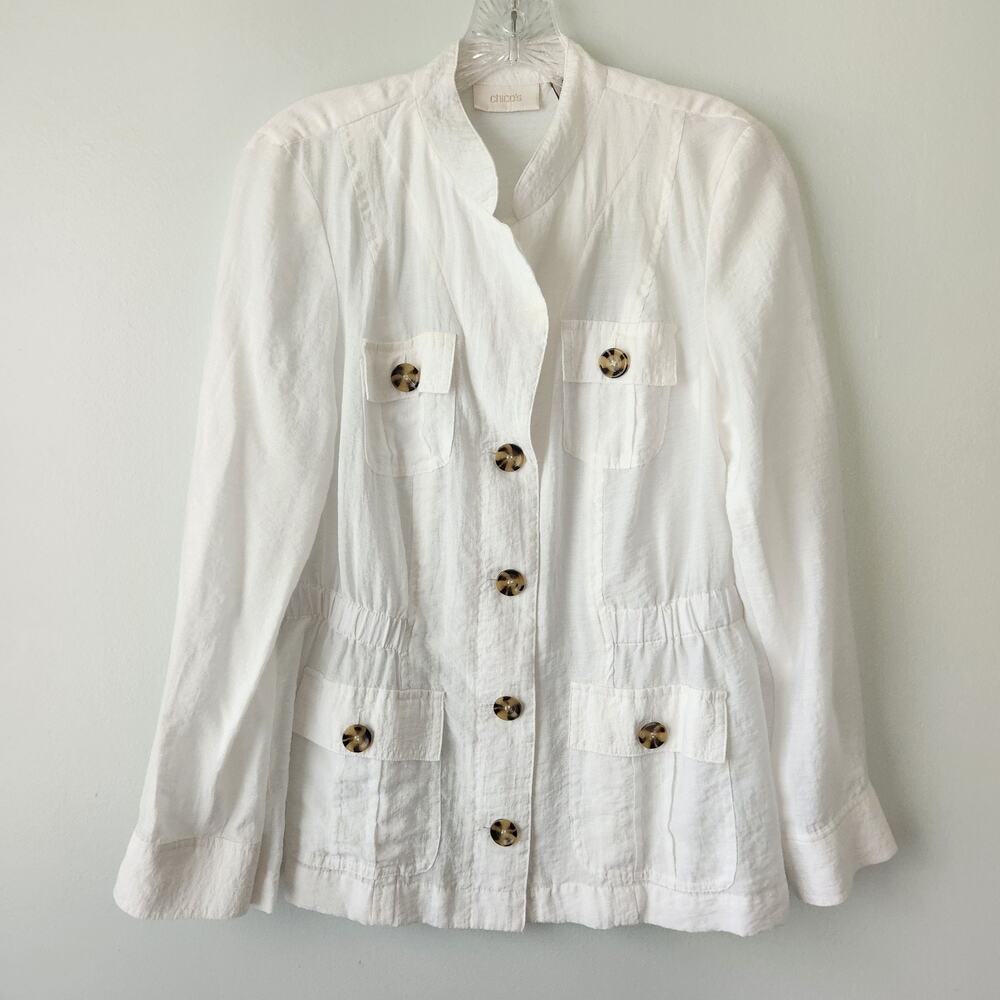 Chicos Military Style Top Women 0 White Rayon Blend Sheer Button Up Coastal Chic